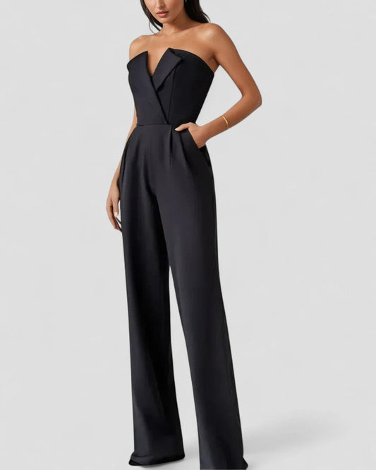 Elegant Strapless V Neck Wide Leg Jumpsuit