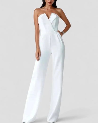 Elegant Strapless V Neck Wide Leg Jumpsuit