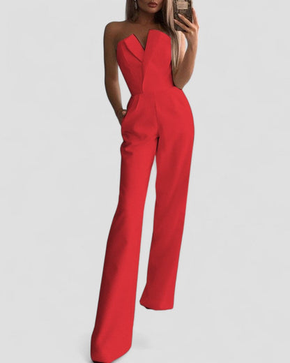 Elegant Strapless V Neck Wide Leg Jumpsuit