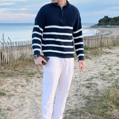 Warm Blue Crew Neck Knitted Sweater for Men