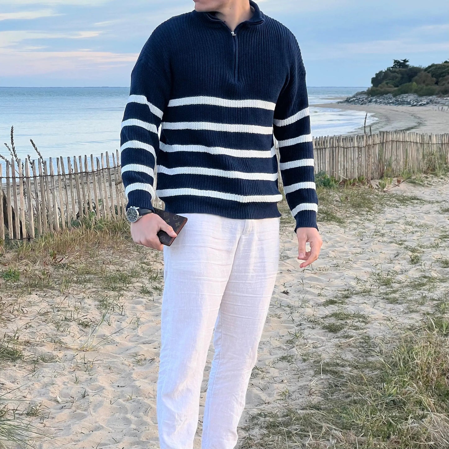 Warm Navy Blue Crew Neck Knit Sweater for Men