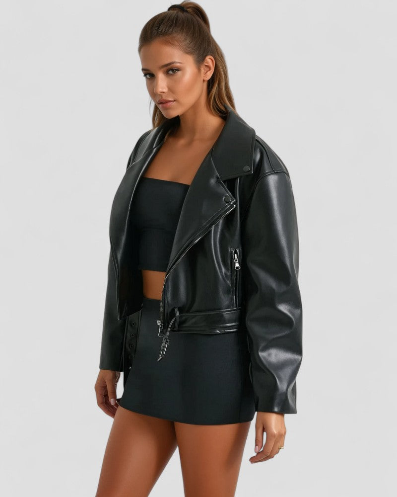 VogeLuxe | Women’s Black Cropped Leather Jacket