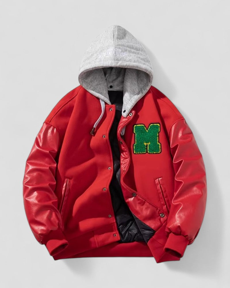 Fleece Lined Varsity Jacket with Faux Leather Sleeves