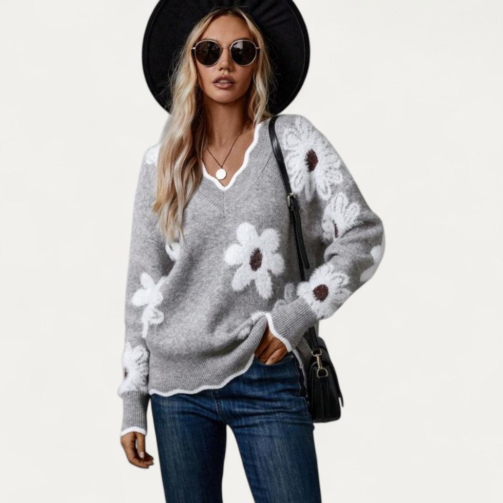 Floral Knit V Neck Sweater for Women 0