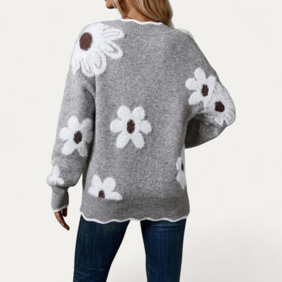 Floral Knit V Neck Sweater for Women 2