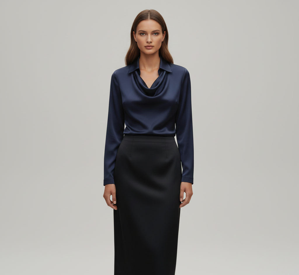 Elegante Satin Donna Blouse Collo Morbido