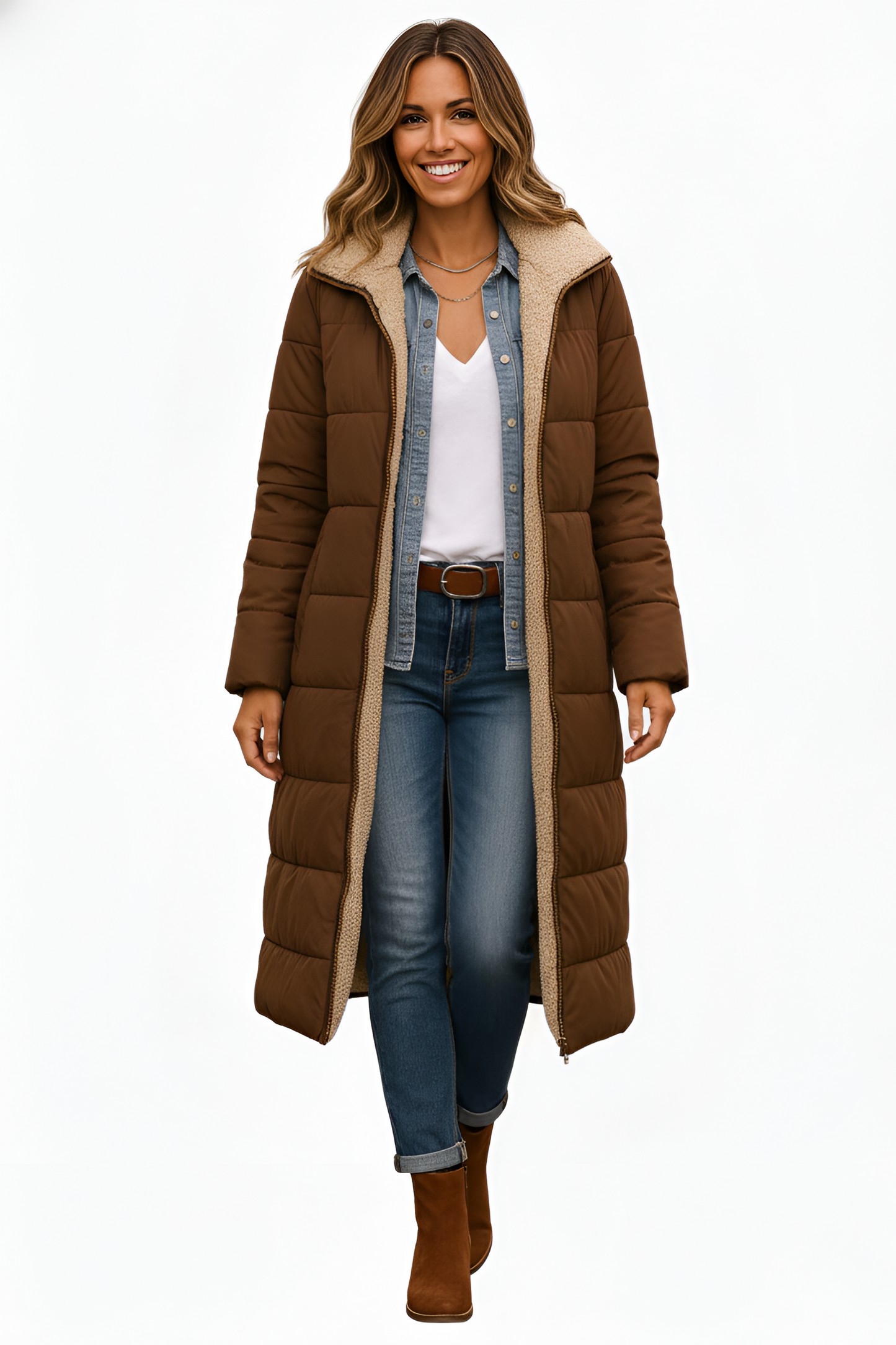 Women's Long Down Coat with Shearling Lining