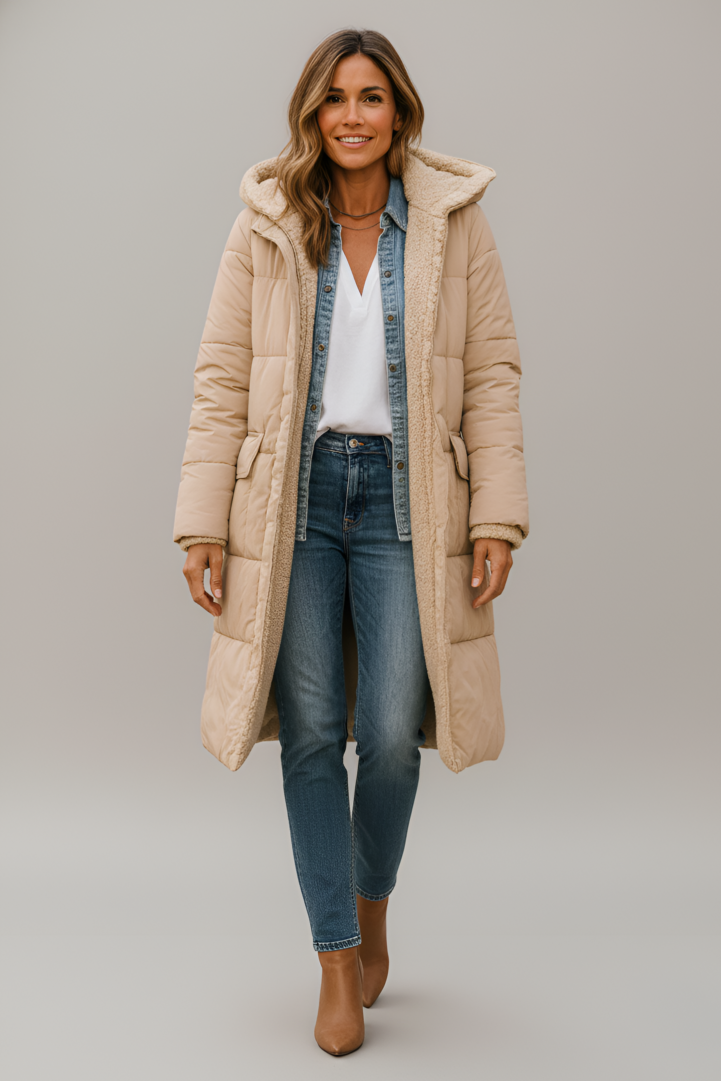 Women's Long Down Coat with Shearling Lining