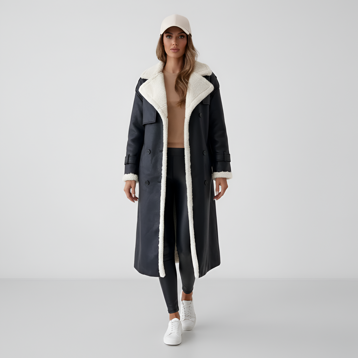 Luxury Fake Leather Long Shearling Lined Women Coat