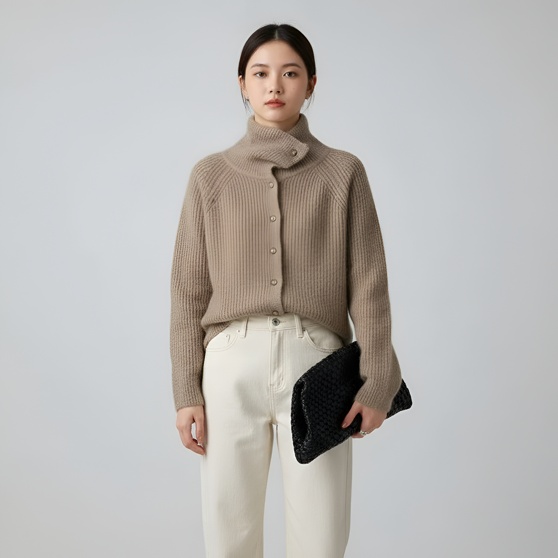 Women's Wool Cardigan with High Neck and Regular Fit - VogeLuxe