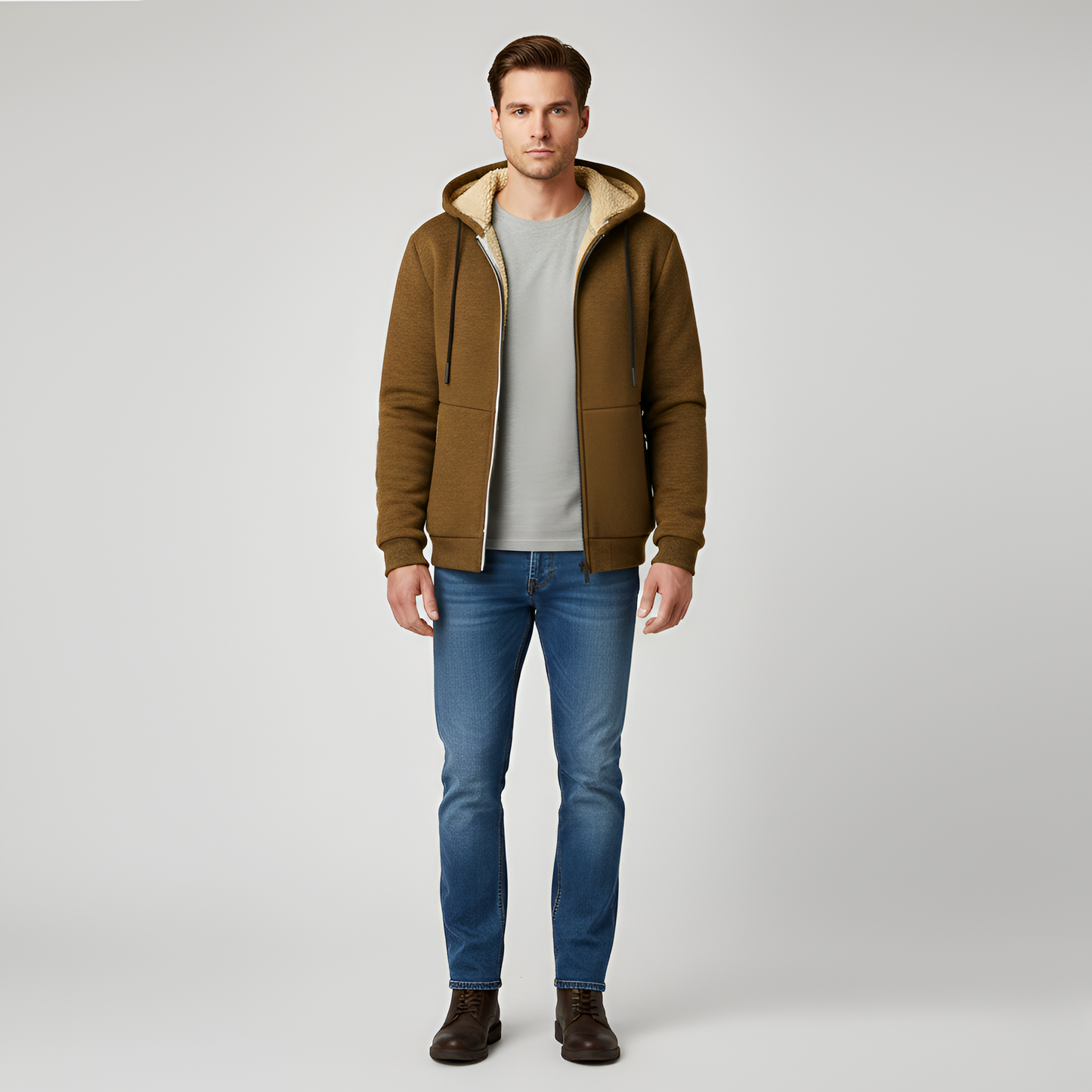 Uomo Felpa Cappuccio Pile Zip Up Jacket