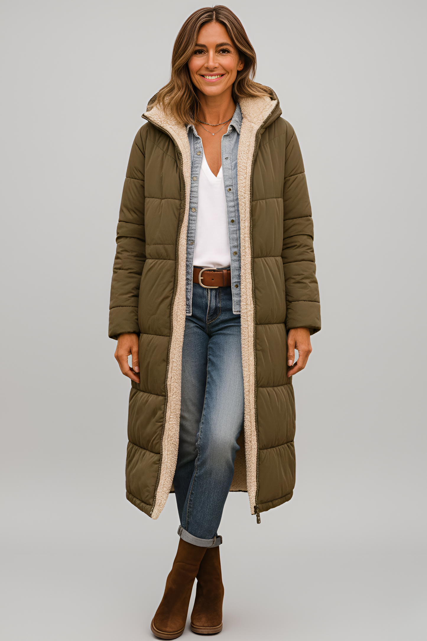 Women's Long Down Coat with Shearling Lining