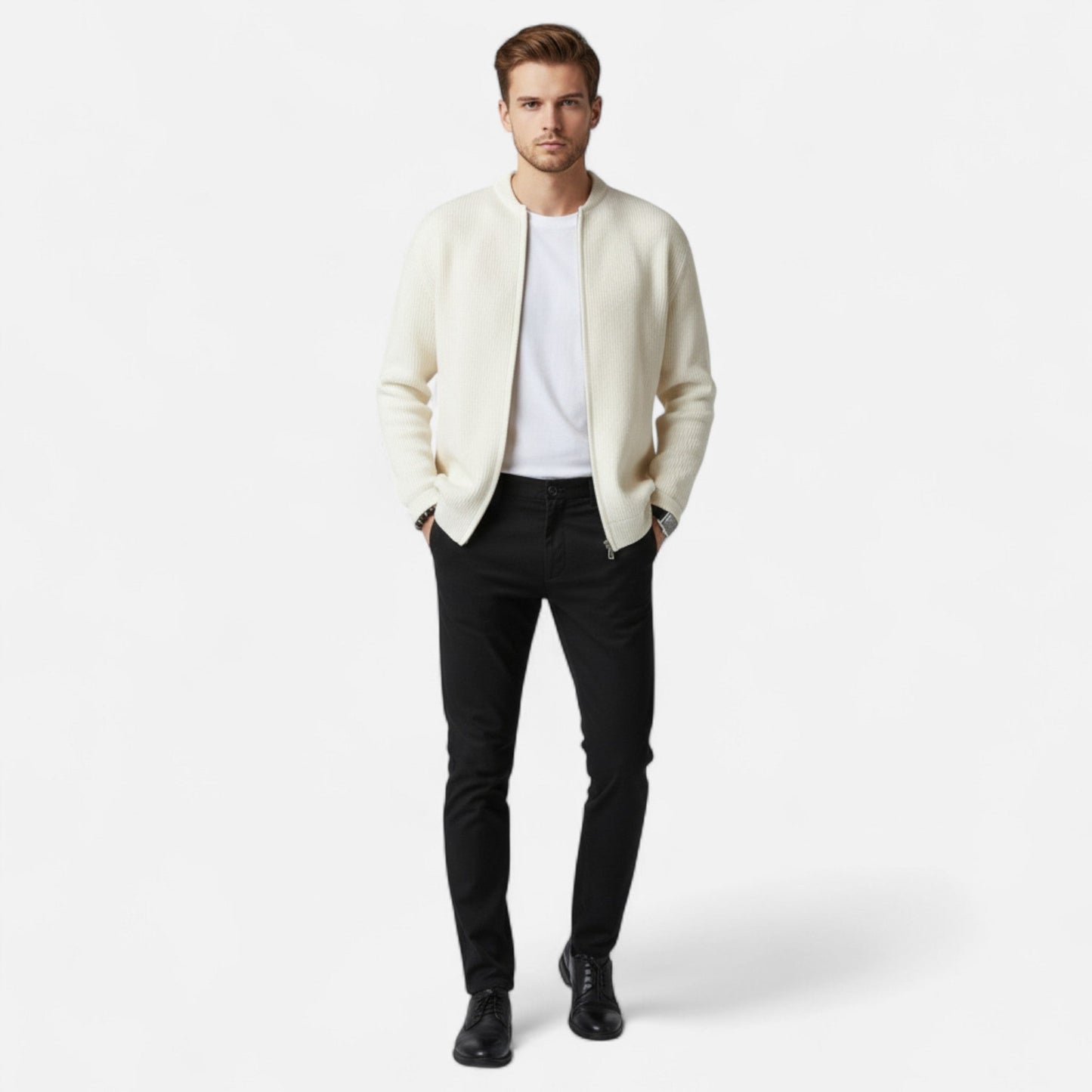 VogeLuxe | Men’s Ribbed Full Zip High Collar Cardigan