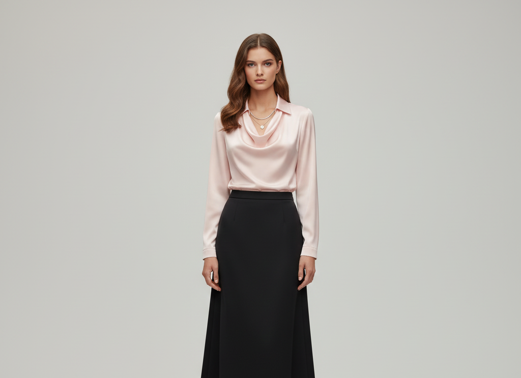 Elegante Satin Donna Blouse Collo Morbido