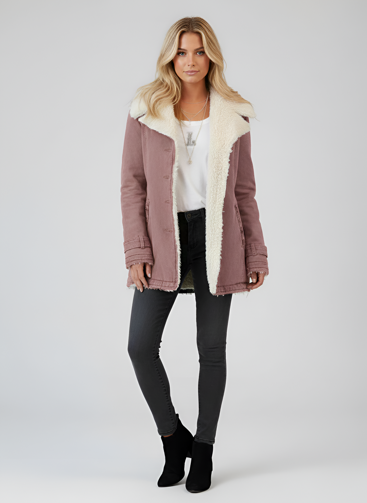 Elegante donna montone giacca in pelle con fodera sintetica morbida