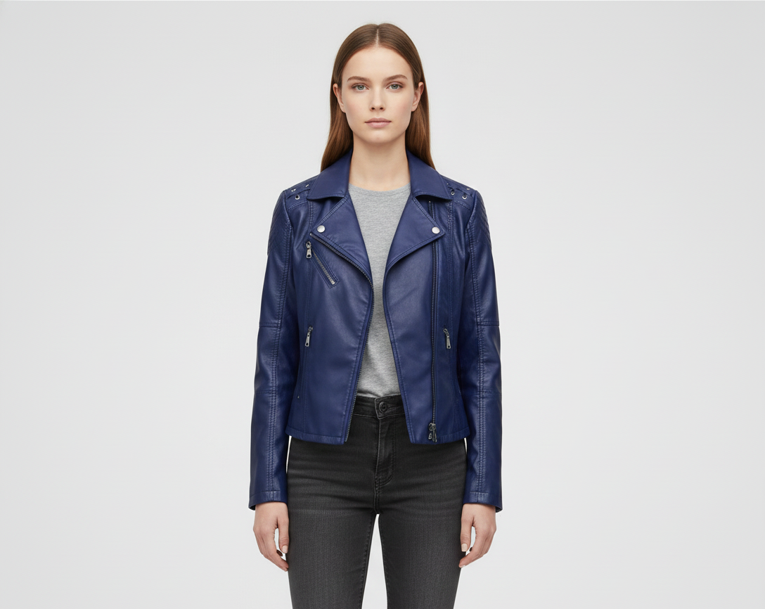 Donna Pelle Biker Jacket con Cerniera Frontale