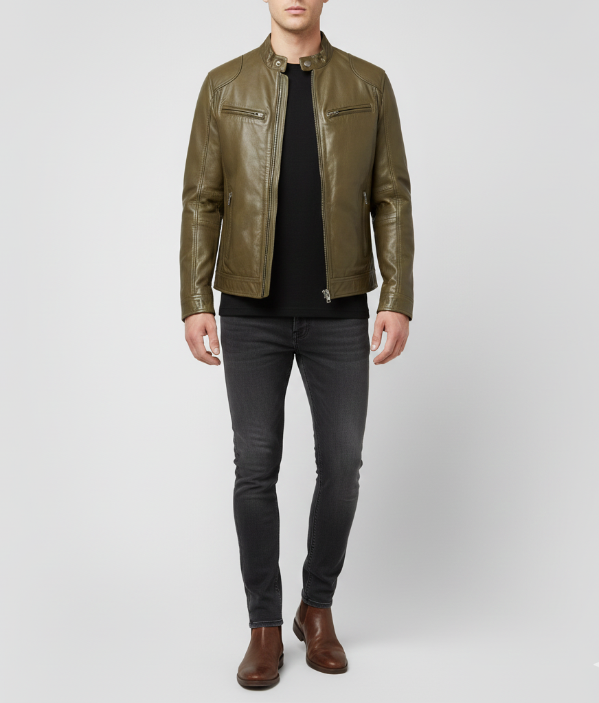 Pelle Uomo Giacca Moto Stile Biker