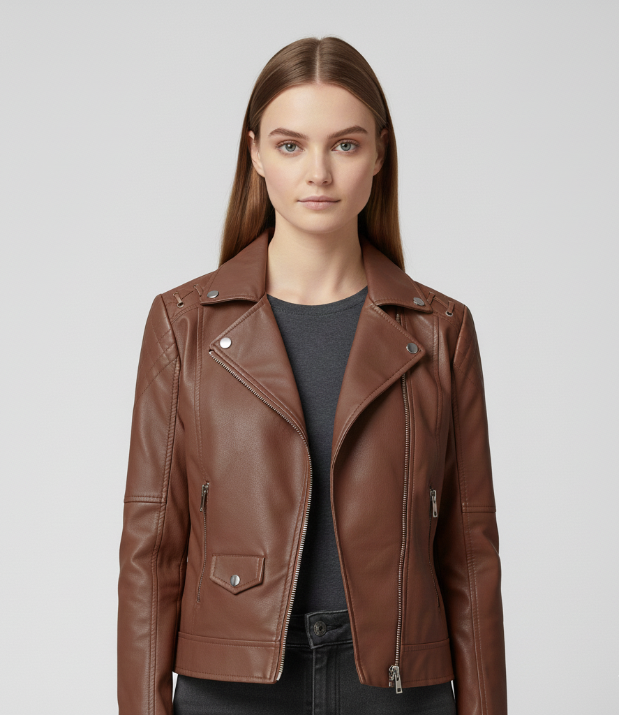 Donna Pelle Biker Jacket con Cerniera Frontale