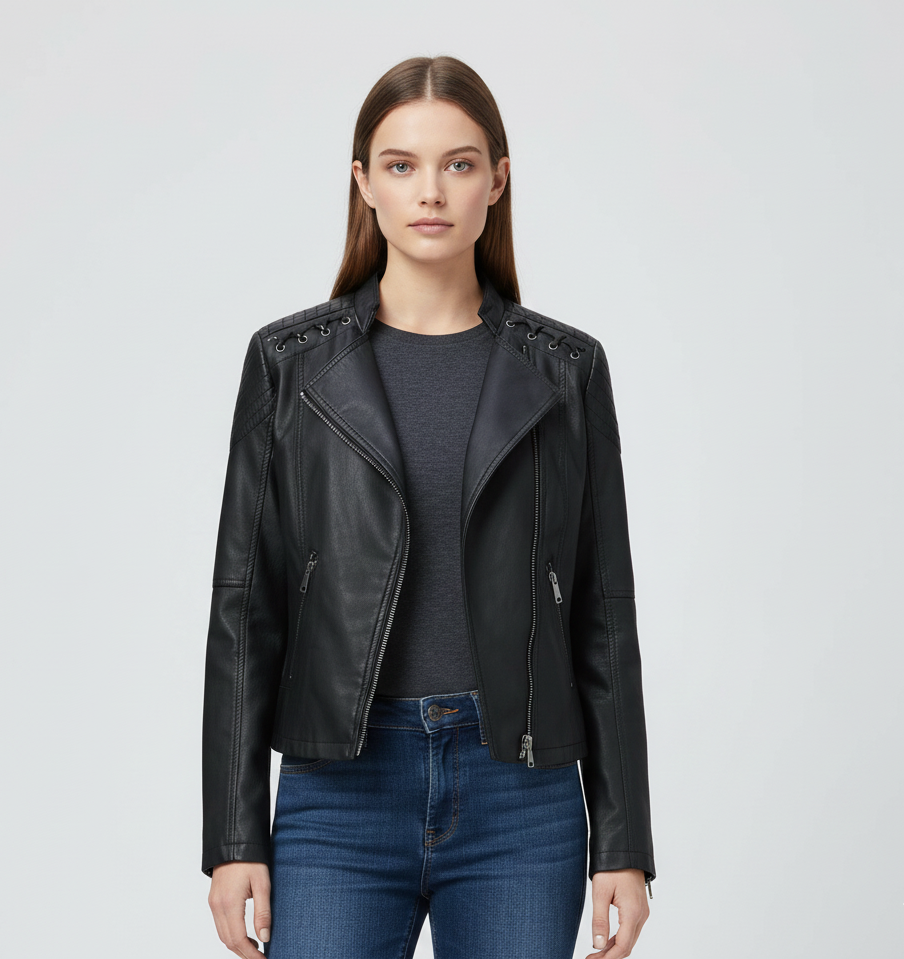 Donna Pelle Biker Jacket con Cerniera Frontale