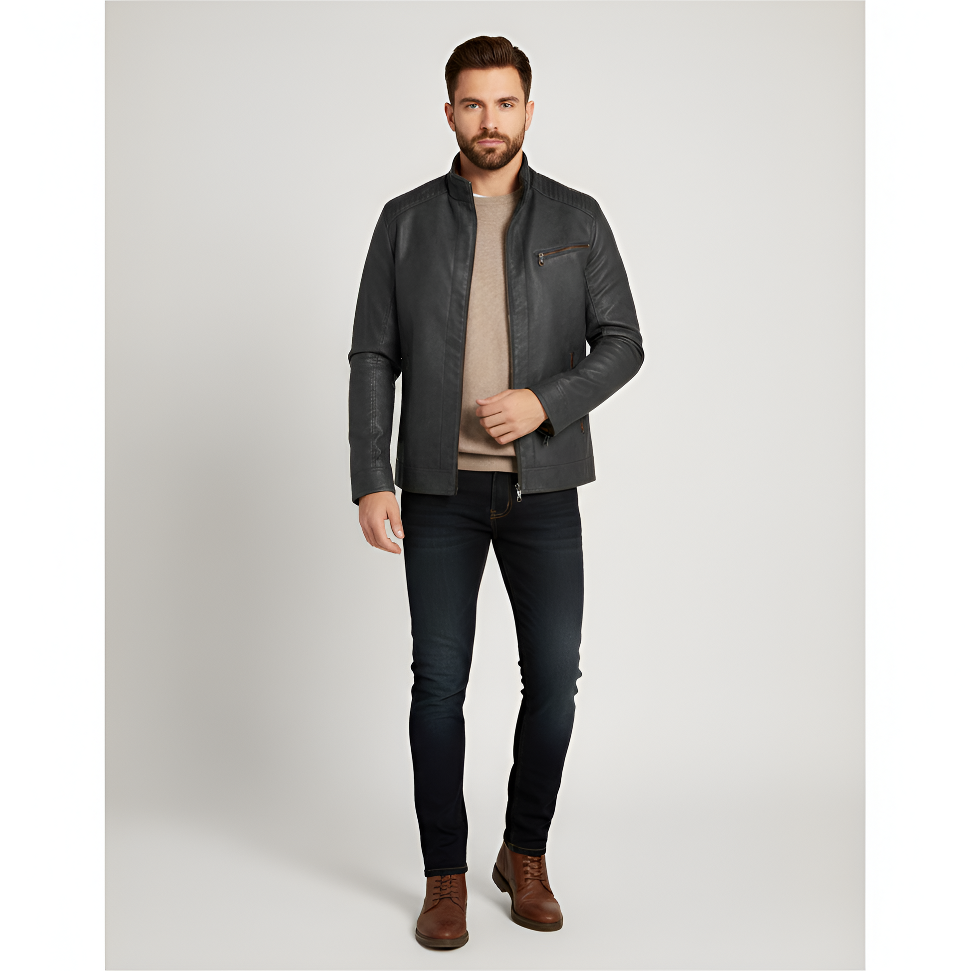 Uomo Pelle Biker Jacket Slim Fit Zip Up - VogeLuxe