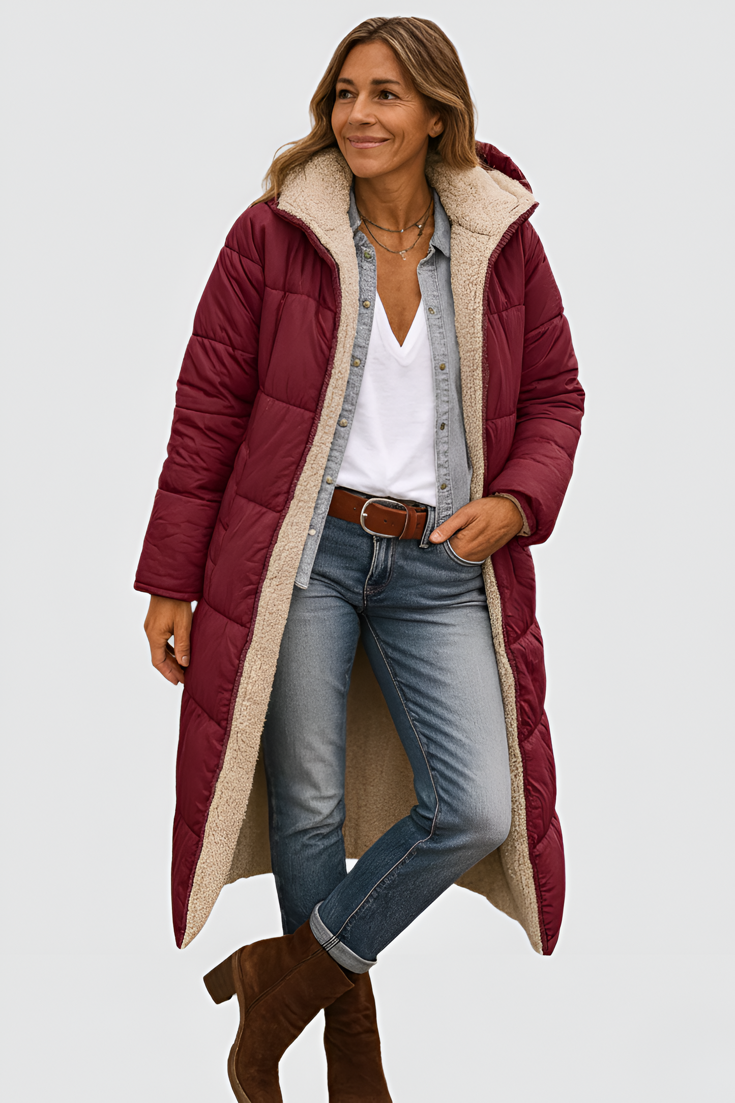 Women's Long Down Coat with Shearling Lining