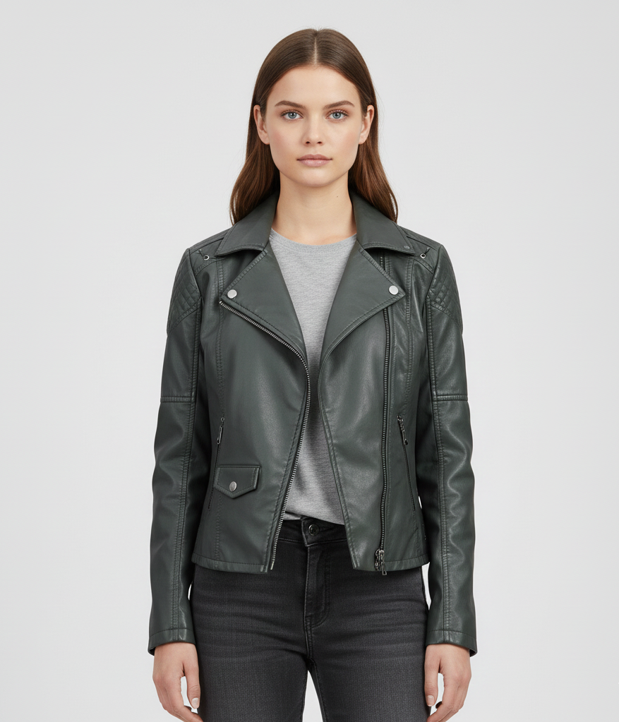 Donna Pelle Biker Jacket con Cerniera Frontale