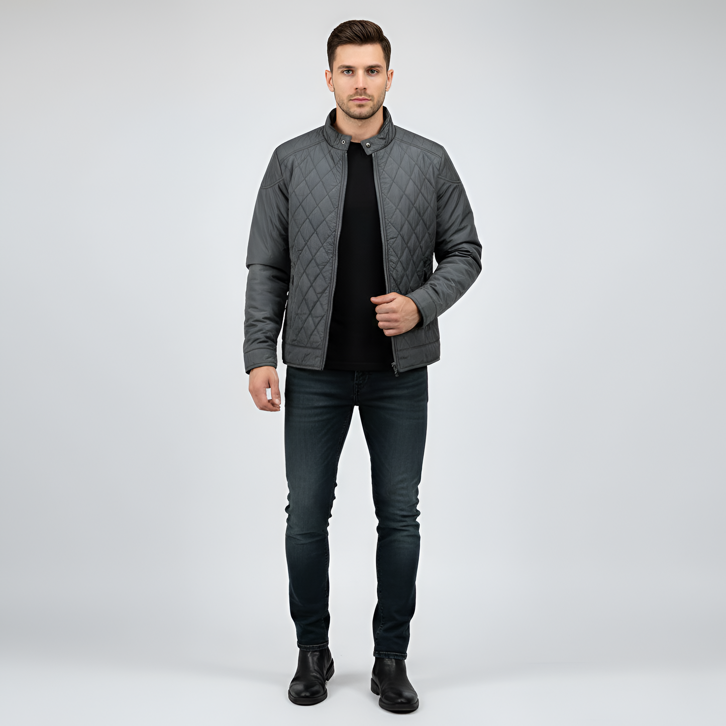 Warm Padded Men's Winter Jacket with Zip and High Collar