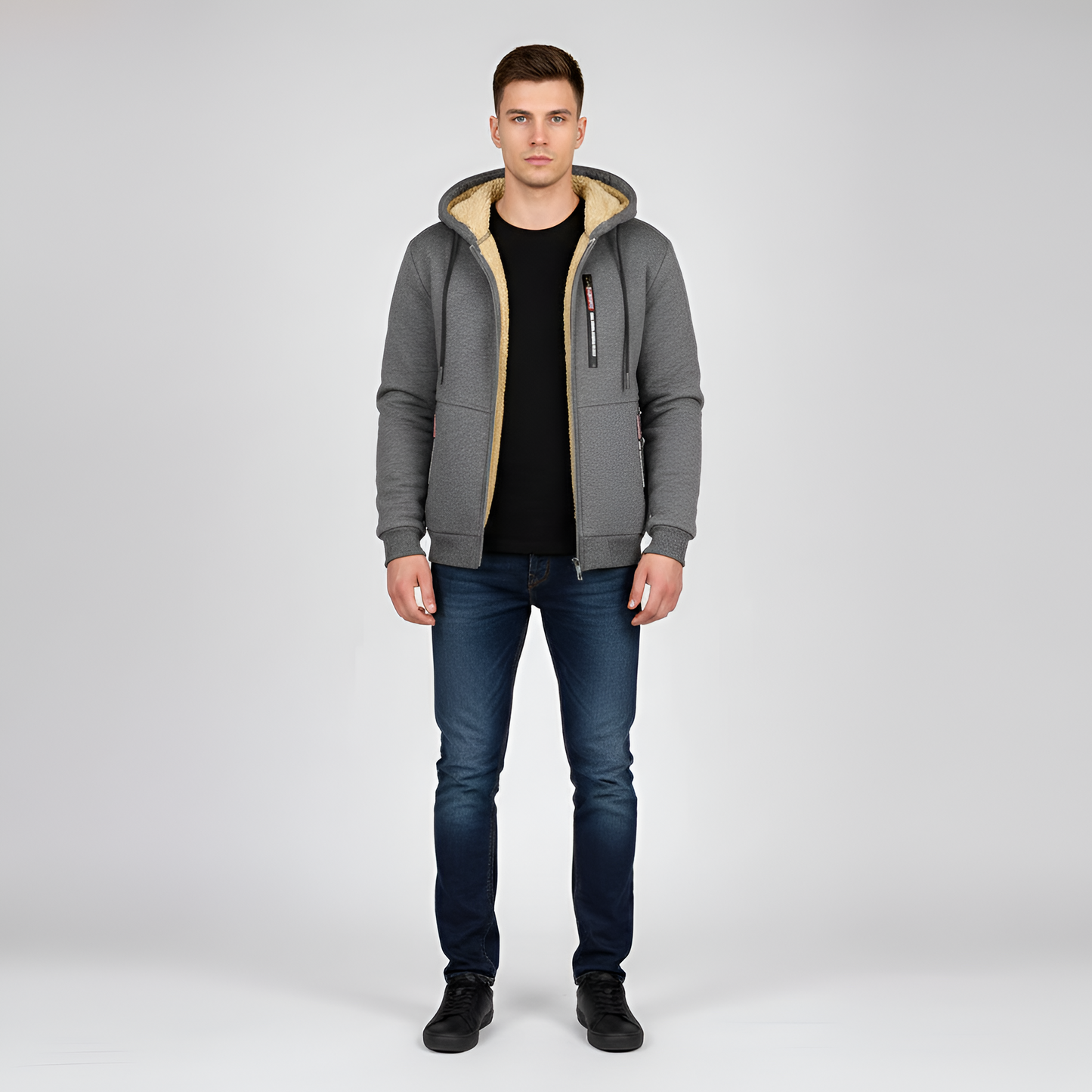 Uomo Felpa Cappuccio Pile Zip Up Jacket