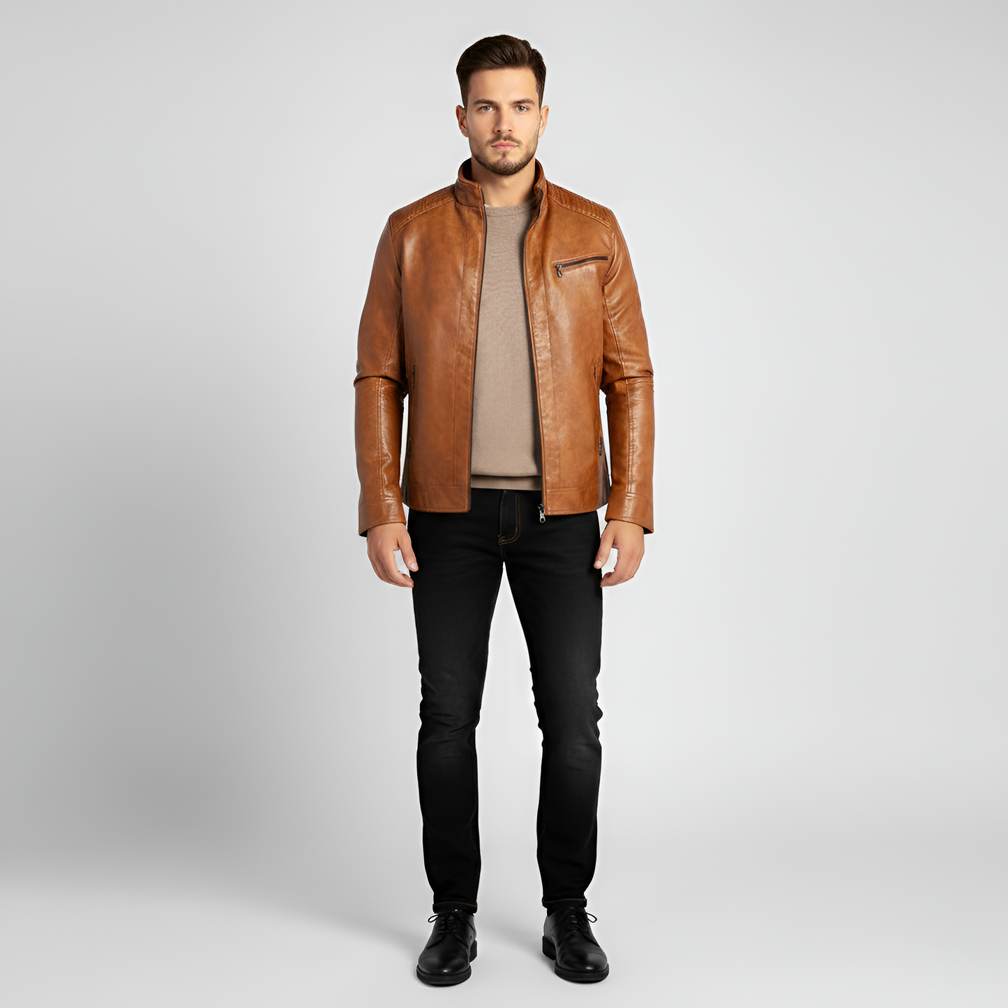 Uomo Pelle Biker Jacket Slim Fit Zip Up