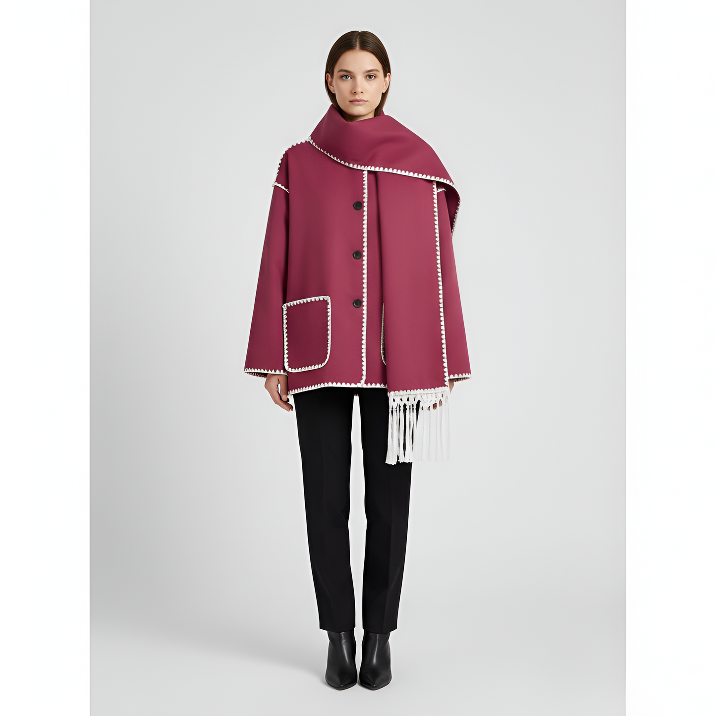 Donna Corto Parka Con Sciarpa E Bottone Frontale