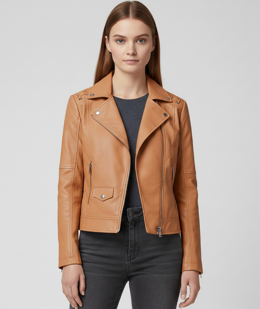 Donna Pelle Biker Jacket con Cerniera Frontale