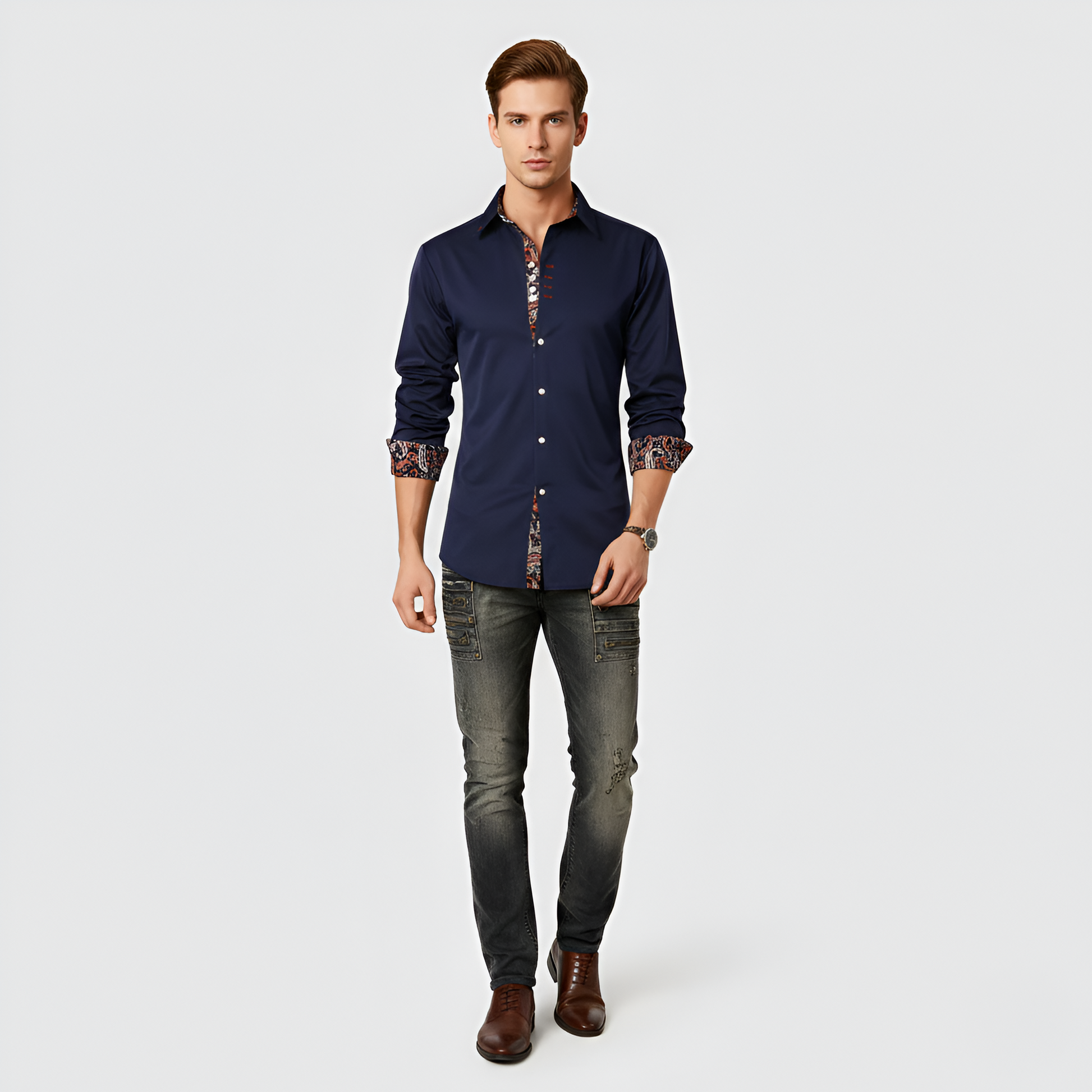 Uomo Slim Fit Cotton Shirt with Printed Details - VogeLuxe