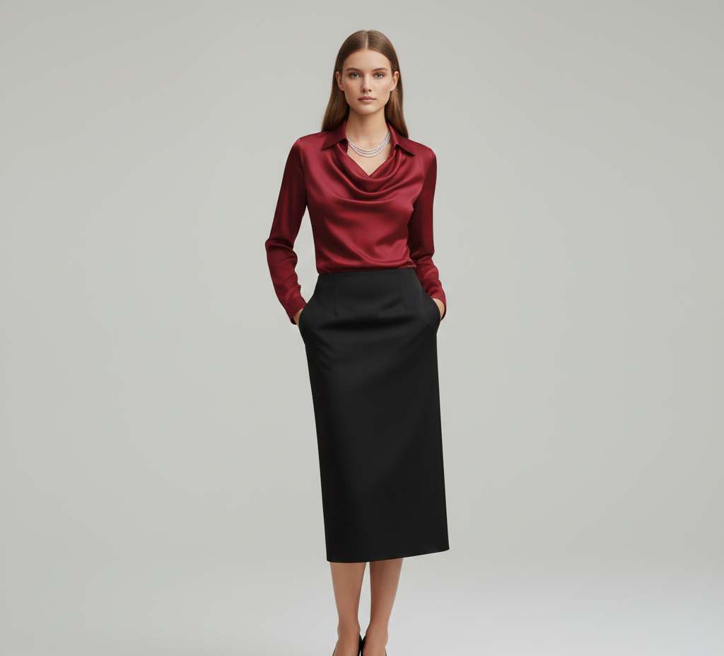 Elegante Satin Donna Blouse Collo Morbido