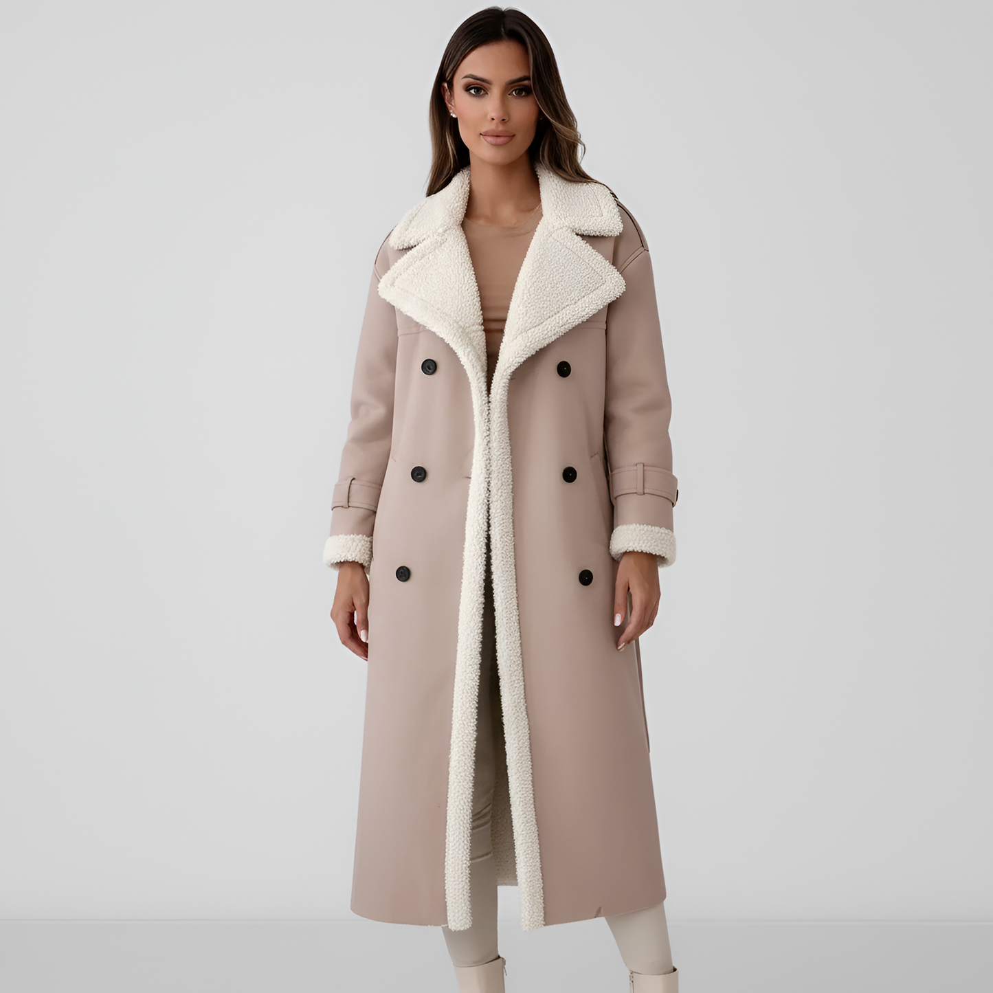 Luxury Fake Leather Long Shearling Lined Women Coat