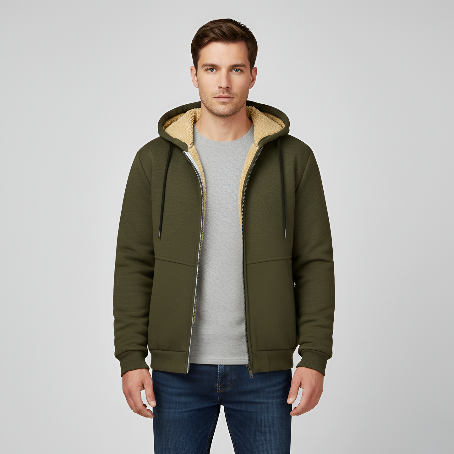 Uomo Felpa Cappuccio Pile Zip Up Jacket
