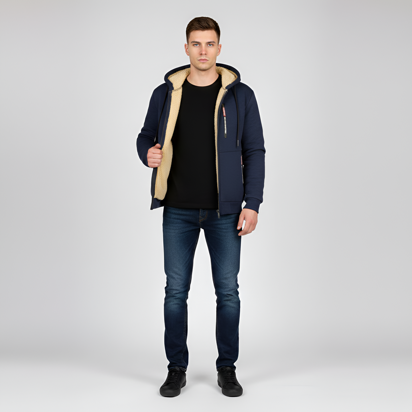 Uomo Felpa Cappuccio Pile Zip Up Jacket