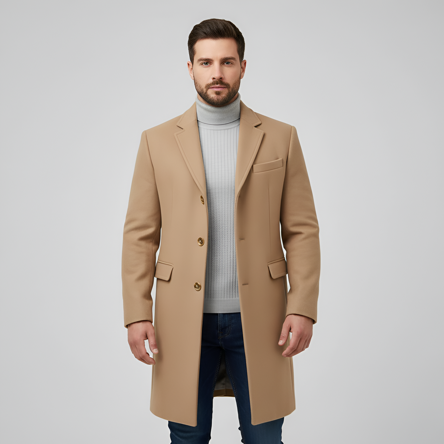 Classic Wool Men's Coat with Lapel and Button Closure