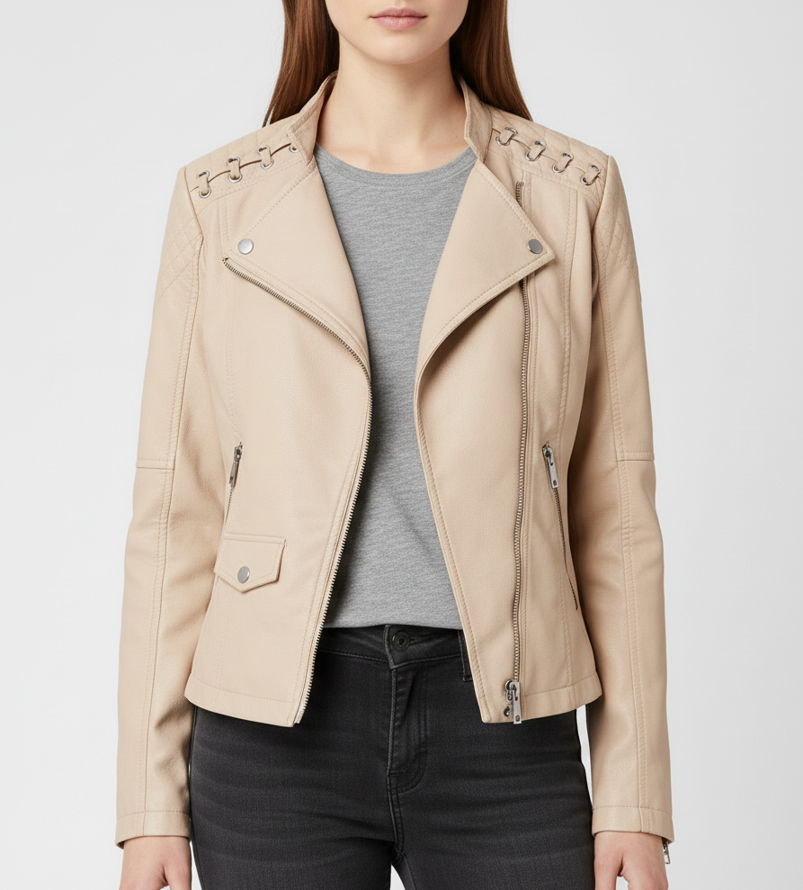 Donna Pelle Biker Jacket con Cerniera Frontale