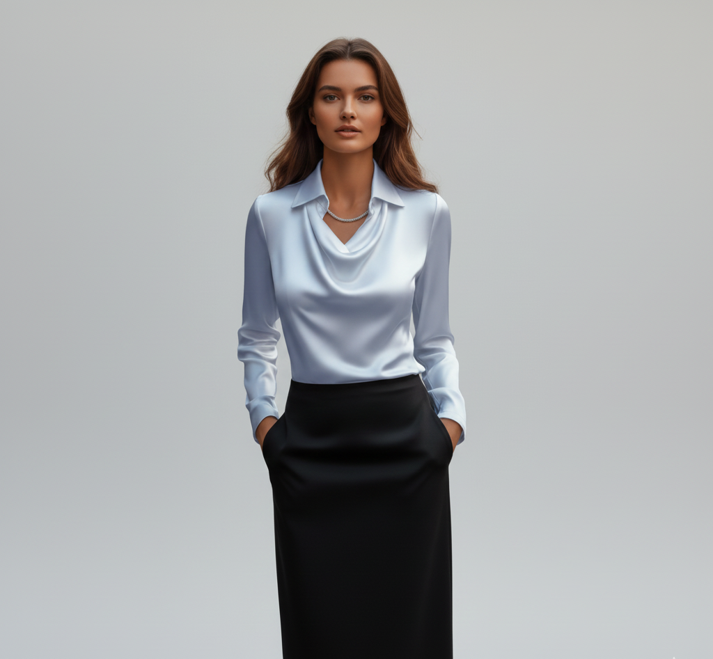 Elegante Satin Donna Blouse Collo Morbido