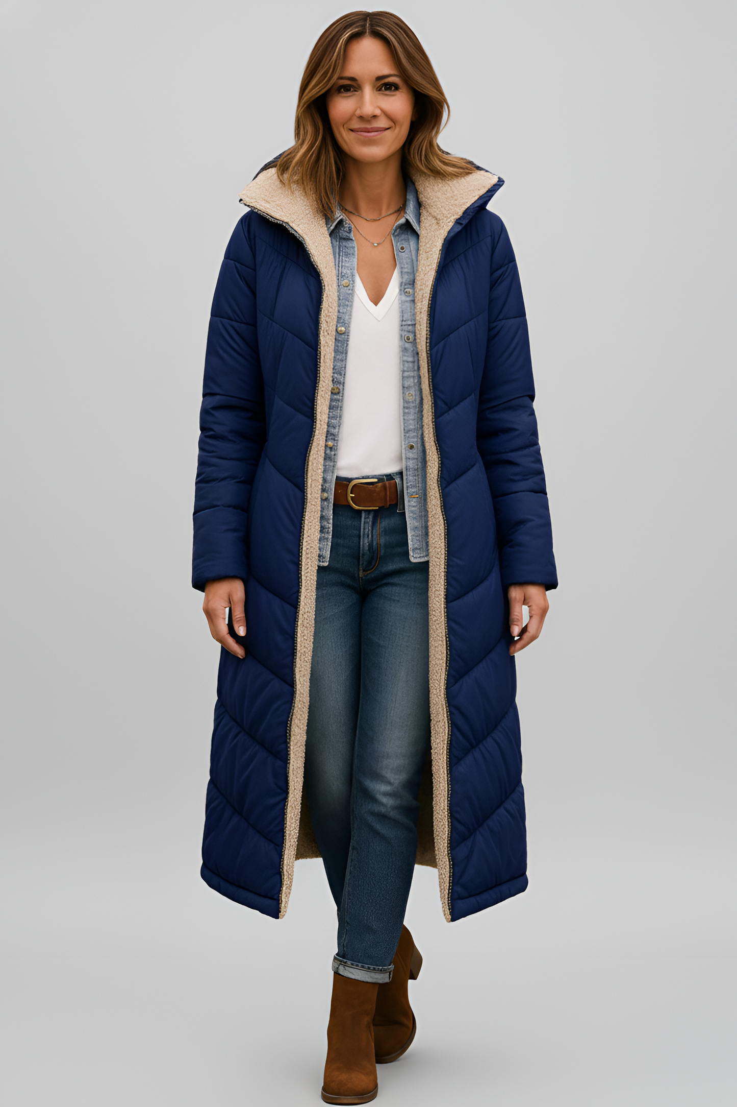 Women's Long Down Coat with Shearling Lining