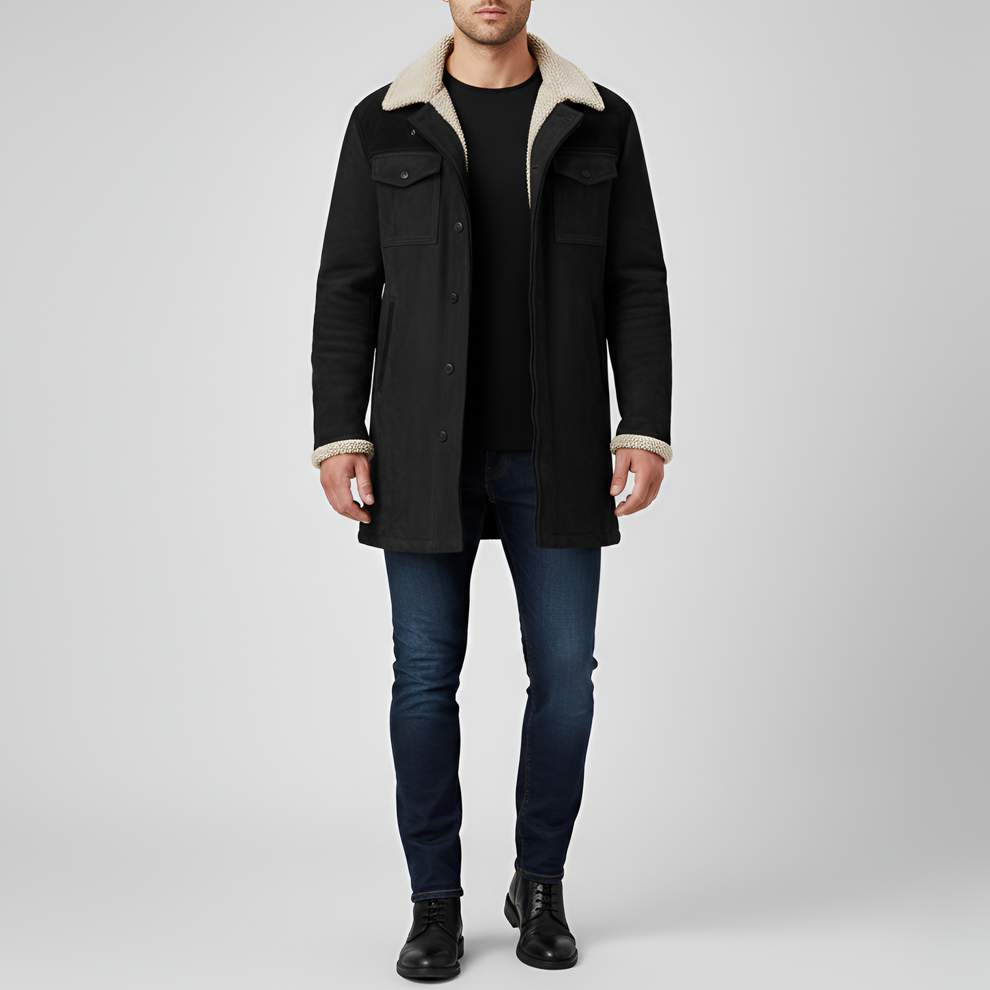Uomo Pile Jacket con Colletto in Pelliccia e Bottone
