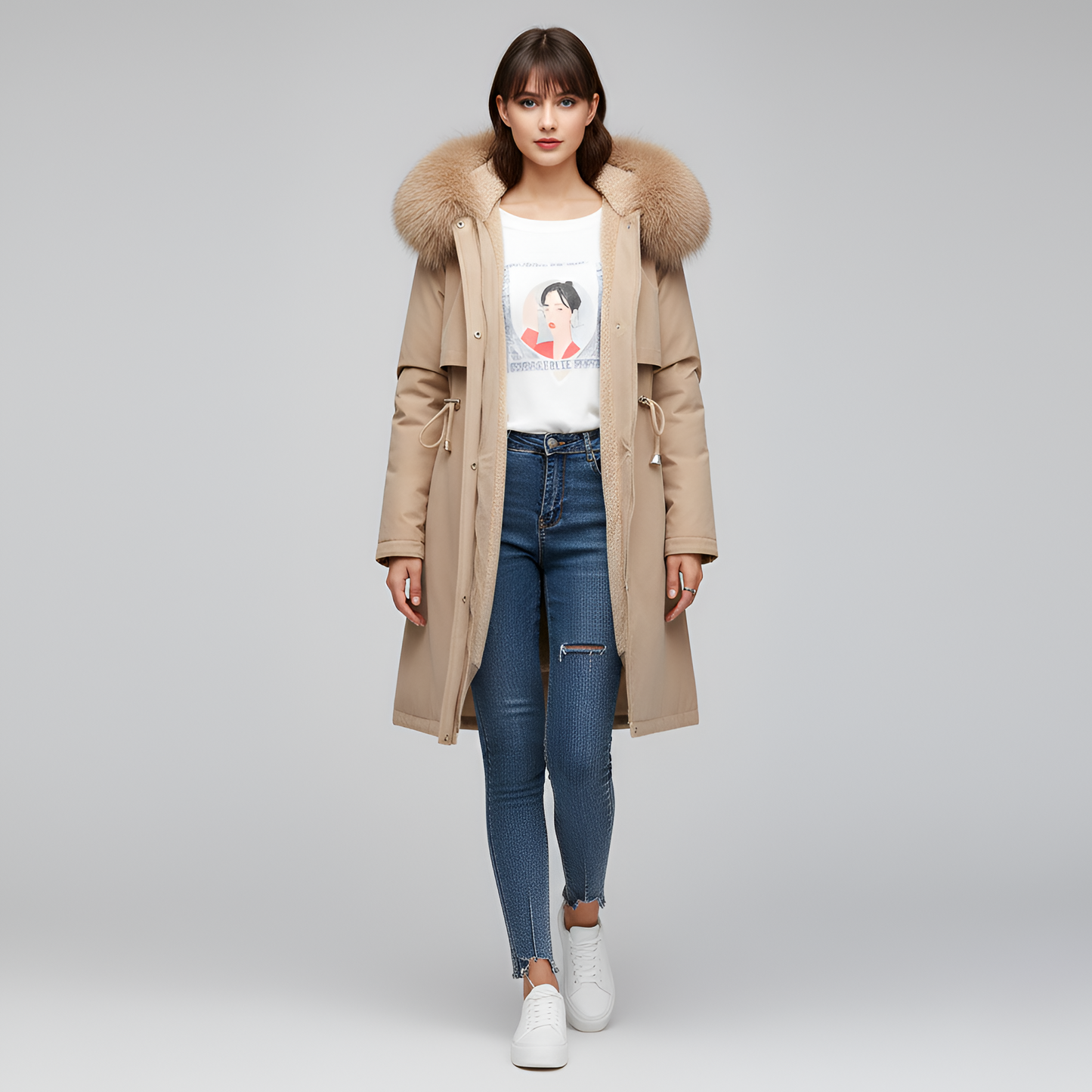 Lungo Parka Donna Imbottito con Cappuccio e Collo in Finta Pelliccia