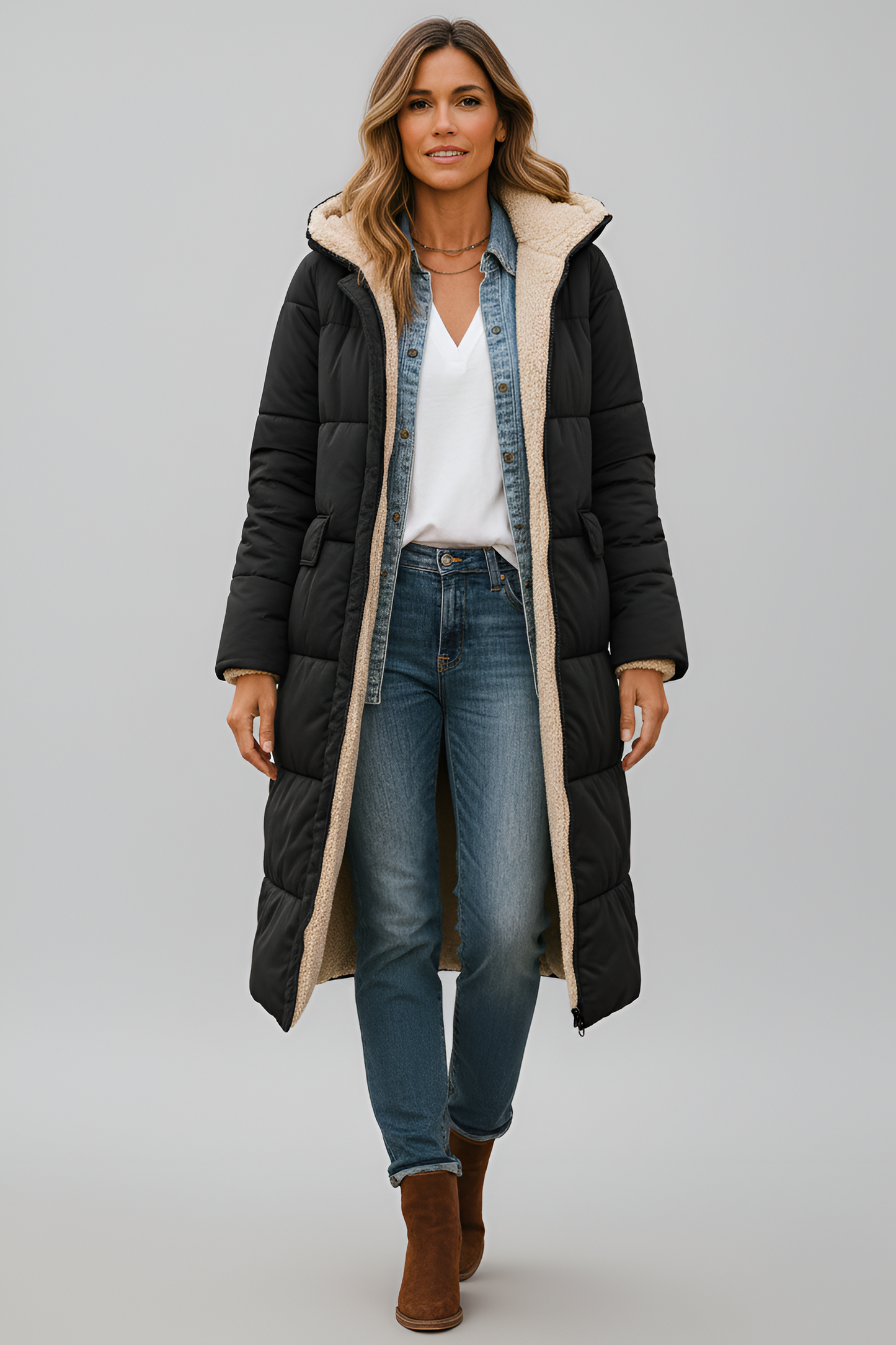 Women's Long Down Coat with Shearling Lining