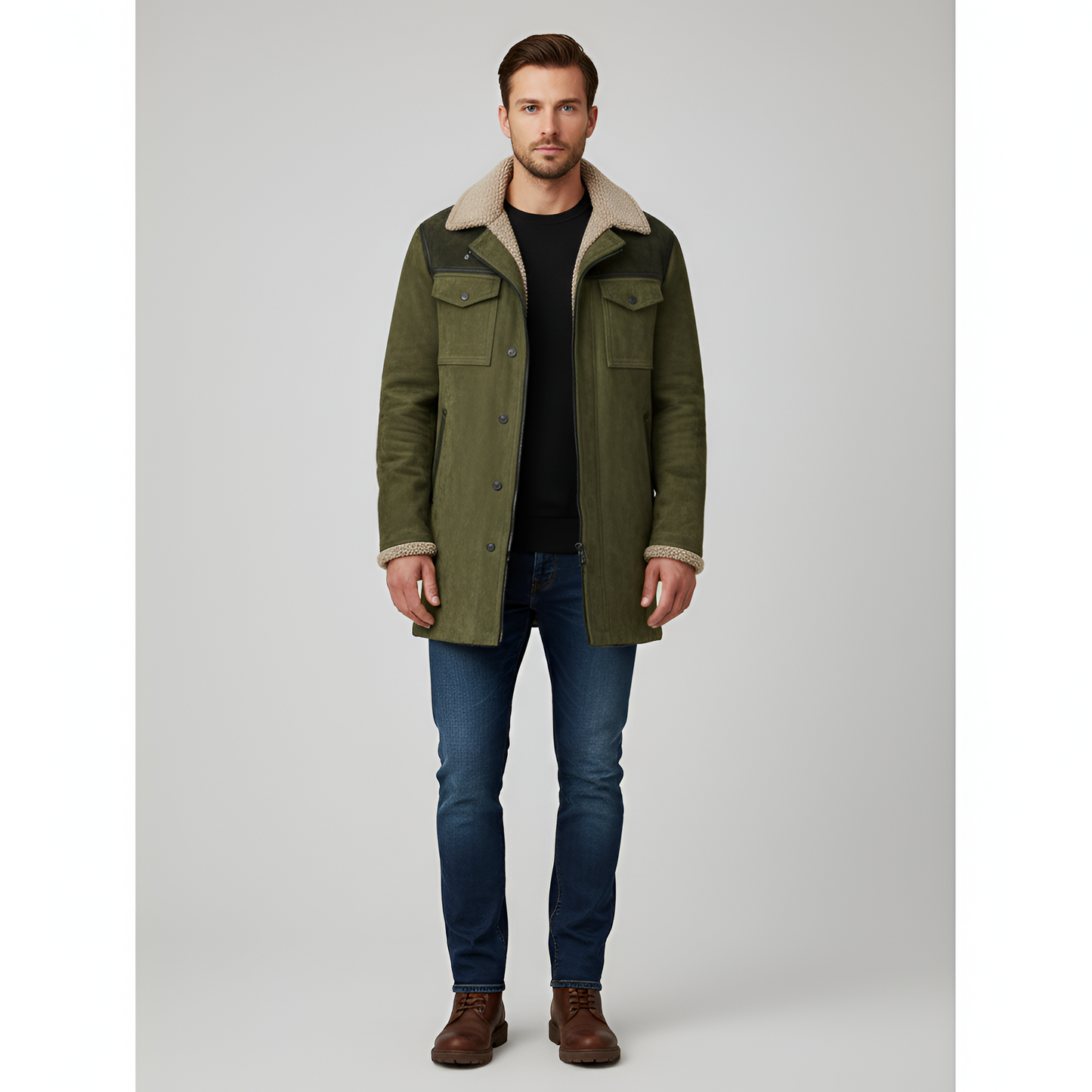 Uomo Pile Jacket con Colletto in Pelliccia e Bottone - VogeLuxe