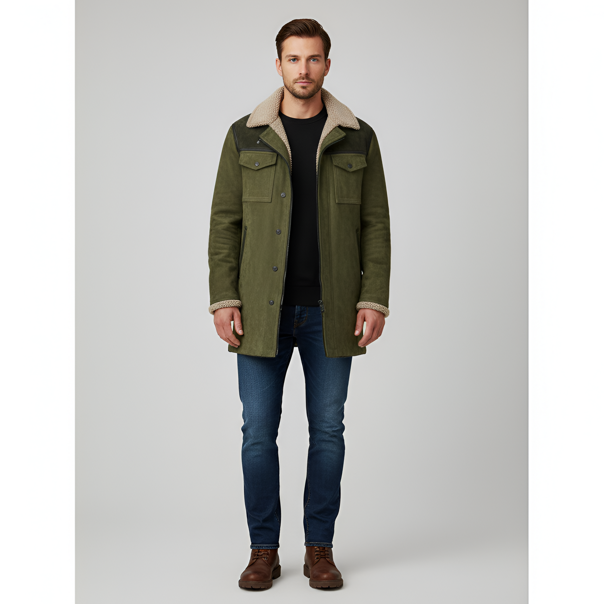 Uomo Pile Jacket con Colletto in Pelliccia e Bottone - VogeLuxe