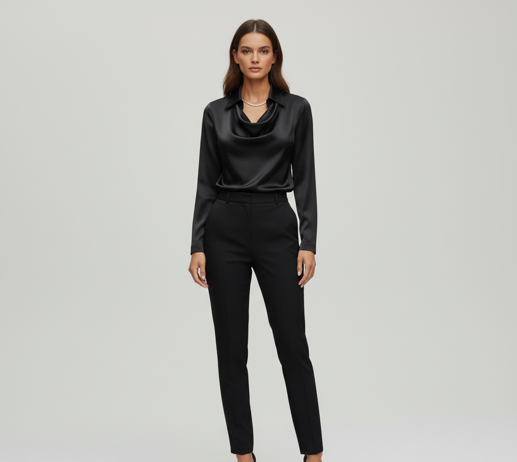 Elegante Satin Donna Blouse Collo Morbido