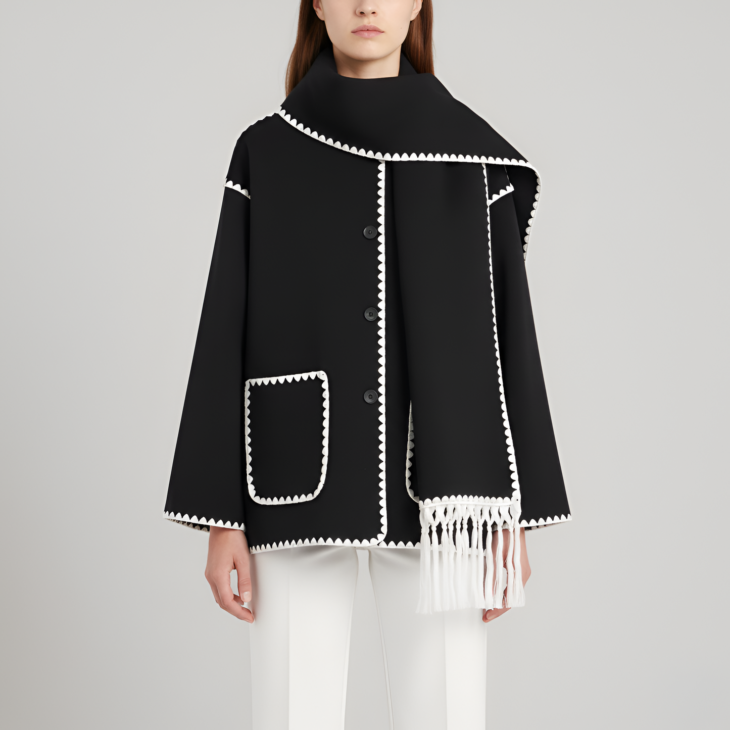 Donna Corto Parka Con Sciarpa E Bottone Frontale