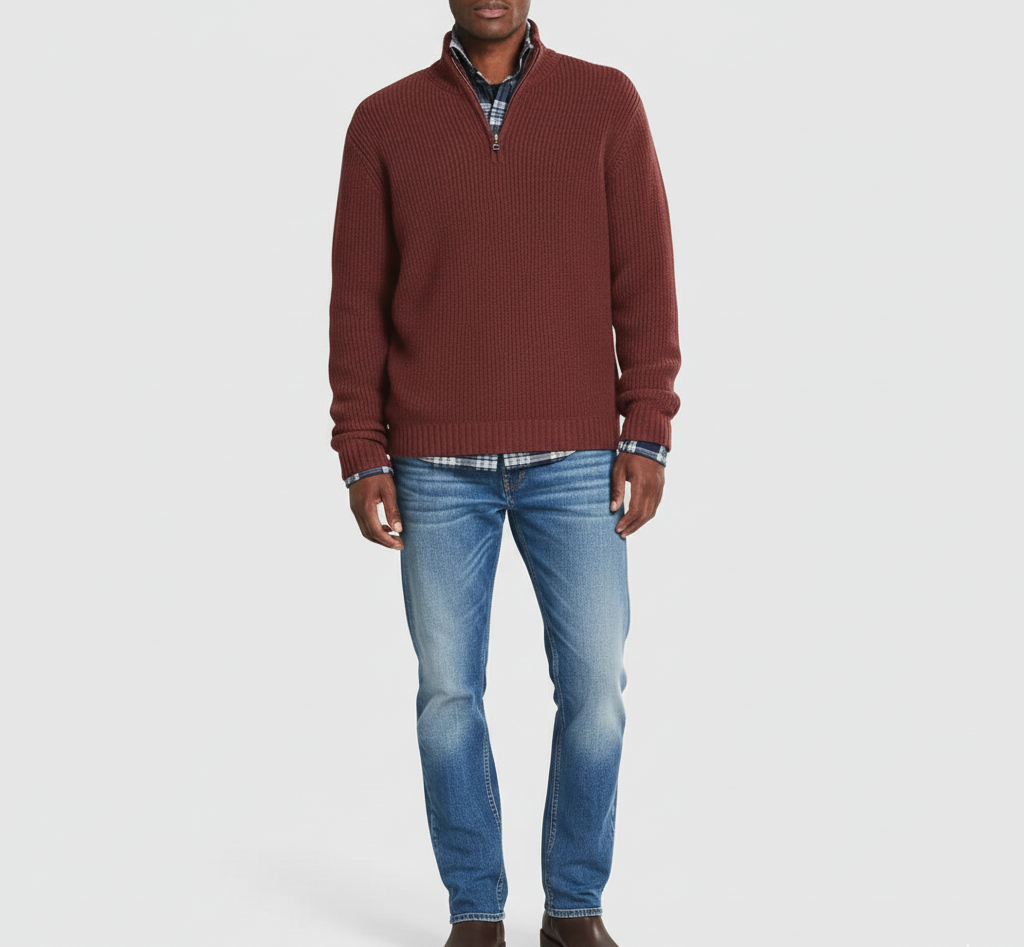 Warm Cotton High Neck Men's Zip Sweater