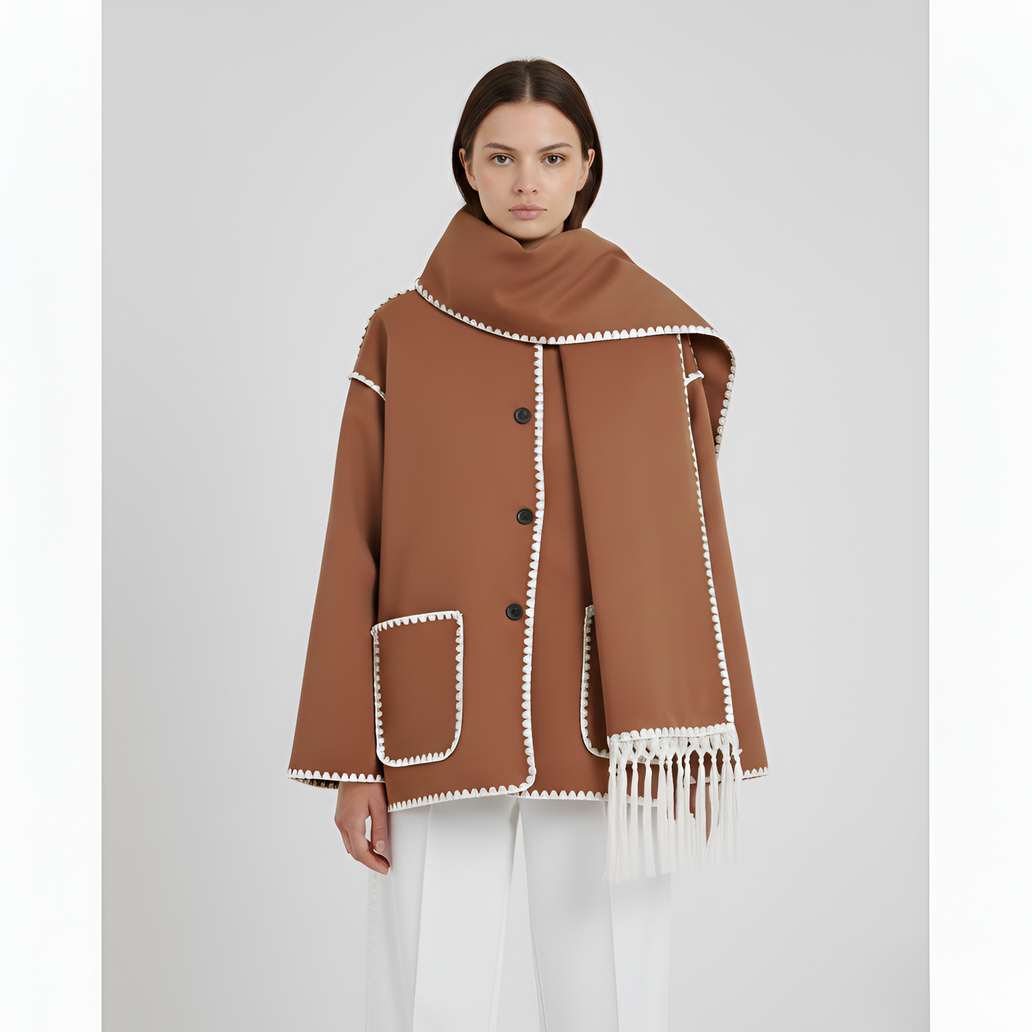 Donna Corto Parka Con Sciarpa E Bottone Frontale