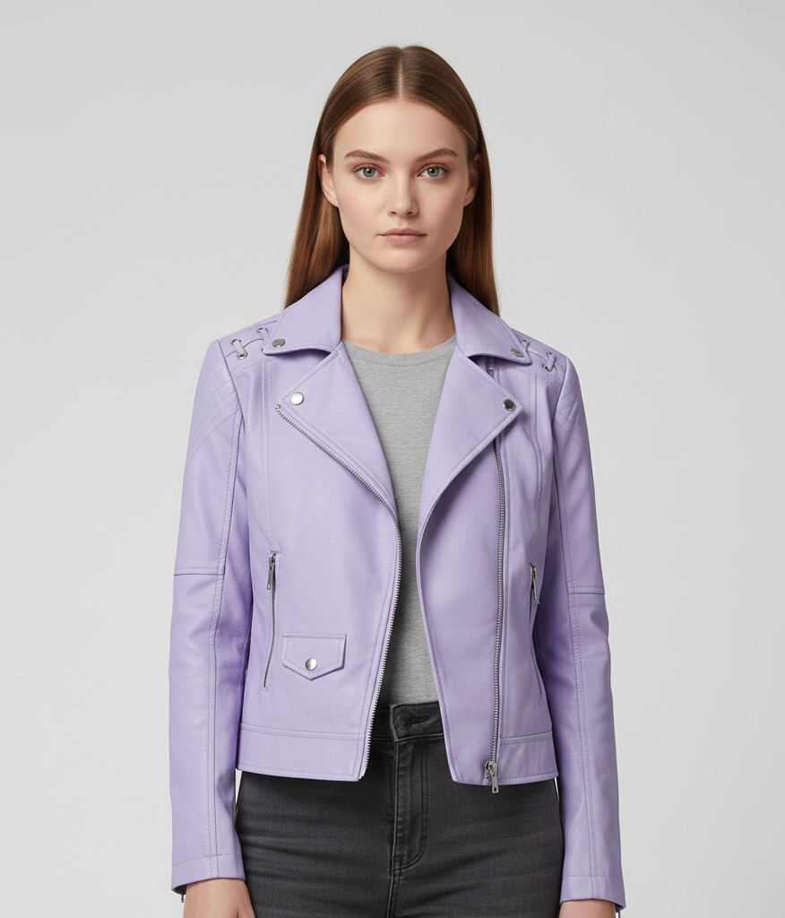 Donna Pelle Biker Jacket con Cerniera Frontale